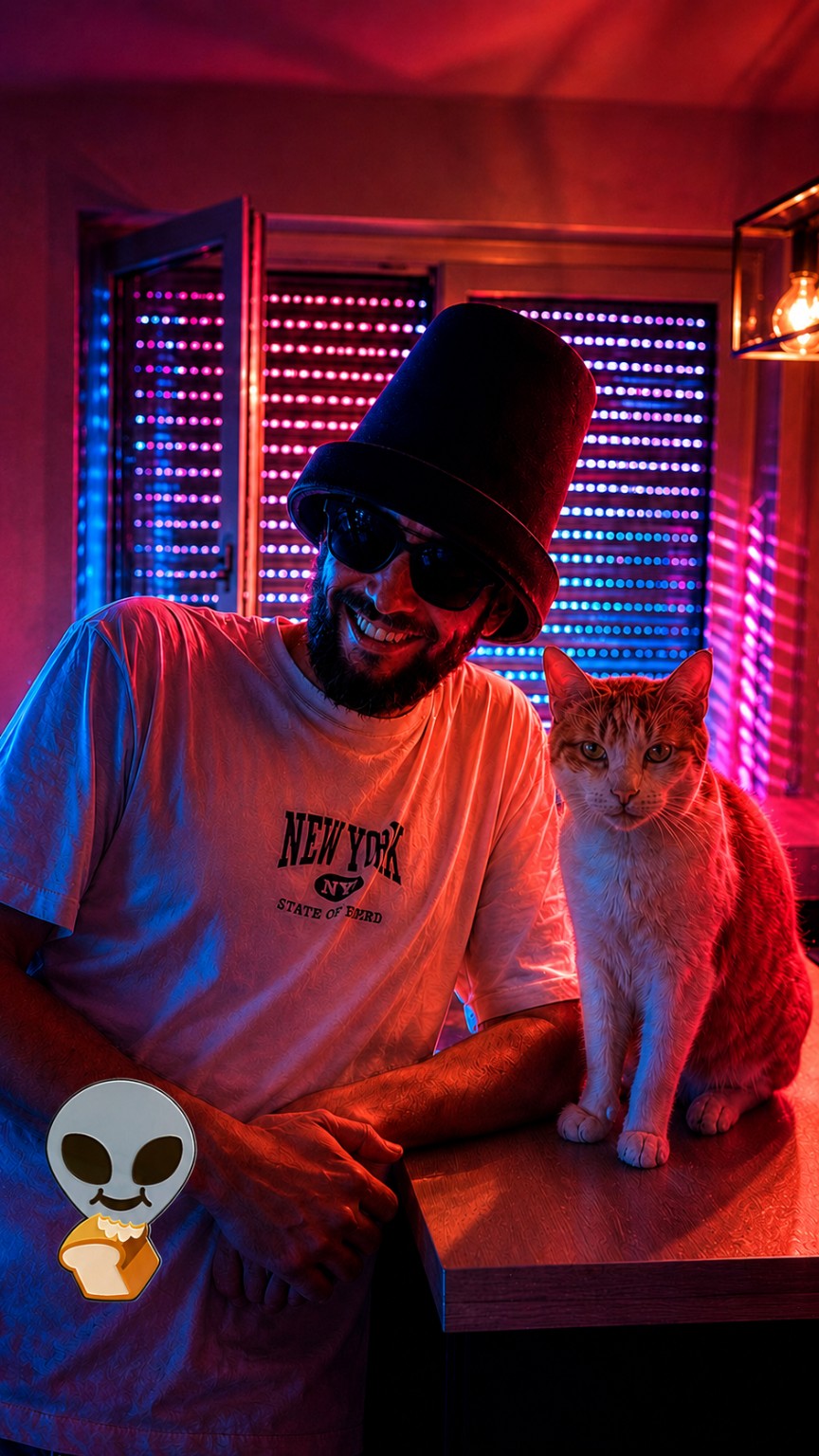 Markus Mann mit einer Katze vor leuchtenden Technik-Racks